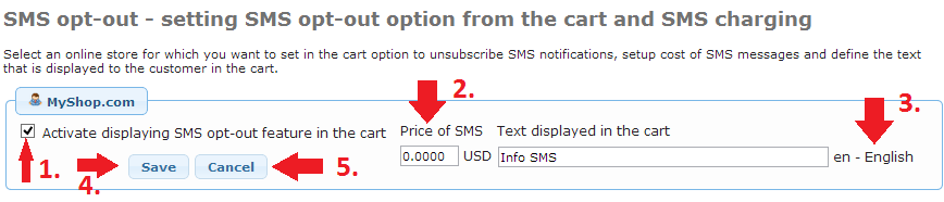SMS opt-out activation / SMS price setting / definition of text in shopping basket